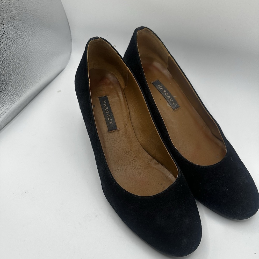 Margaux "The Heel" Block Round Toed Block Heel Handmade Black Suede 8-8.5